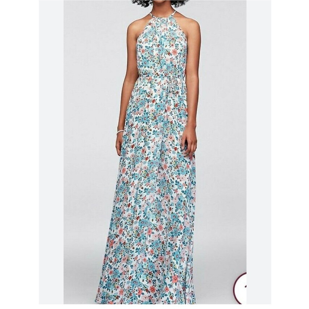 David's Bridal Aqua Floral Halter-Style Maxi Dress